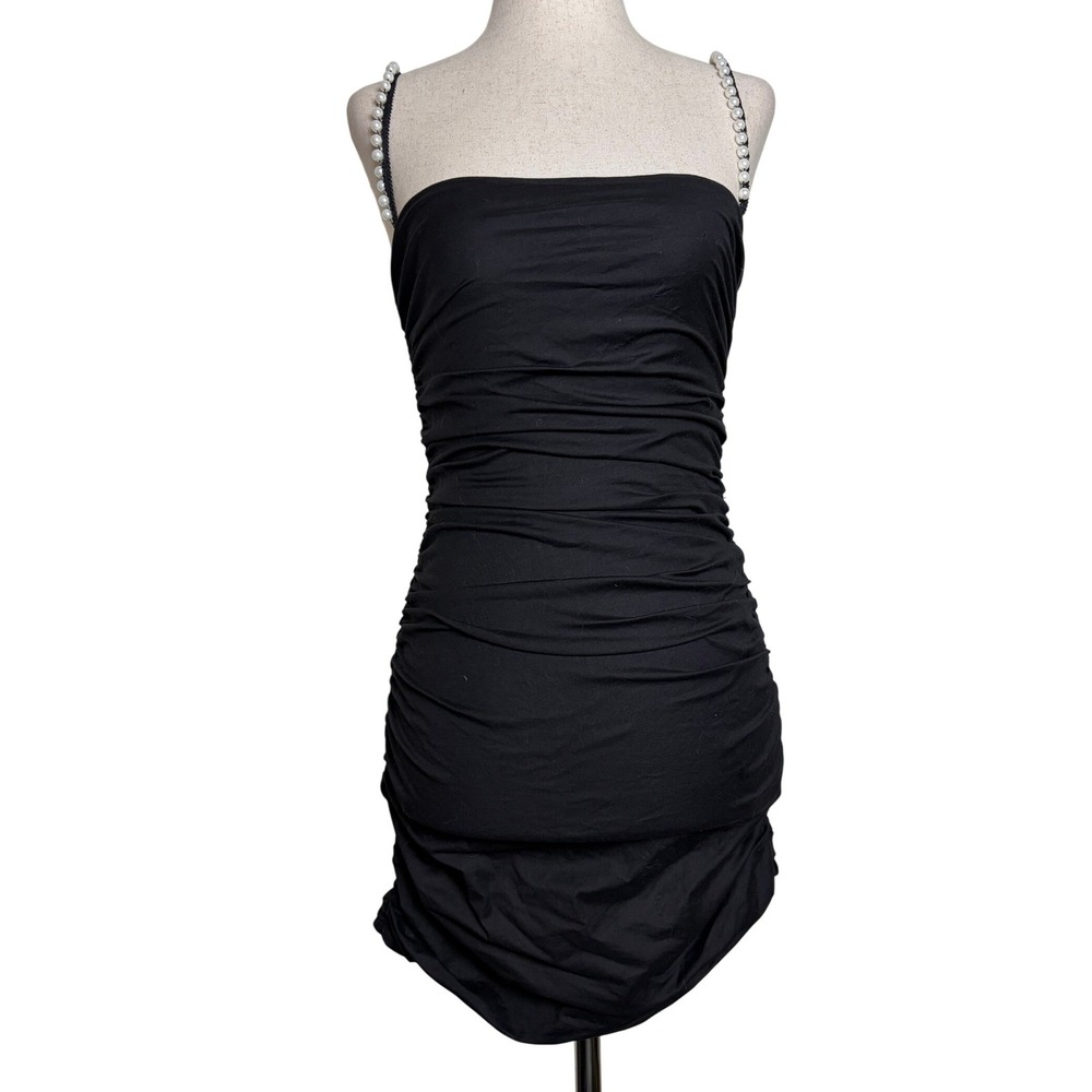 Lucy In The Sky Black Ruched Bodycon Mini Dress Pearl Straps Small LBD